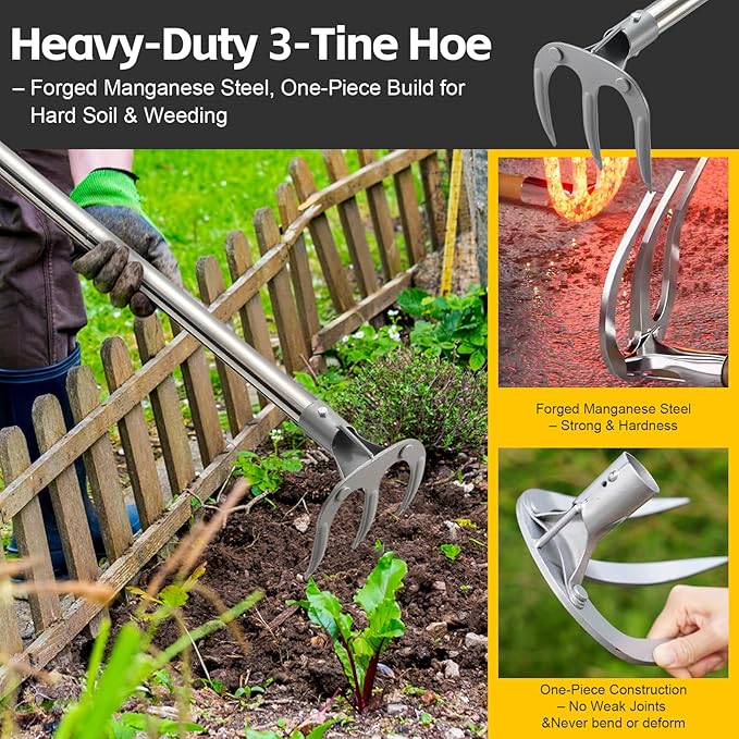 Potato Hand Rake Garden Tool - 47" Long Handle Cultivator Weeding Rakes, 3-Tine Heavy Duty Carbon Steel with D Grip for Grass Root Digging,Soil Loosening,Dirt Turning