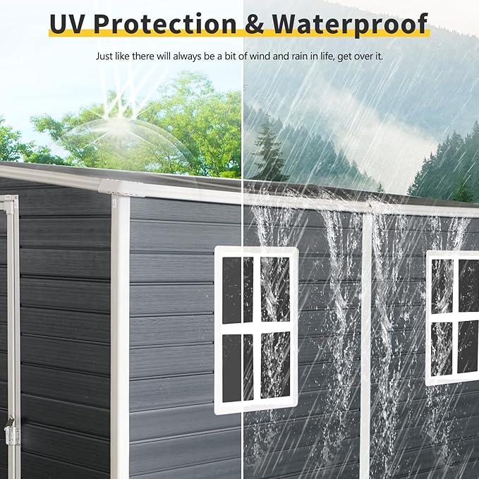 4x8 FT Resin Storage Sheds Outdoor with Floor, 2 Windows & Lockable Door Storage Shed - Waterproof Garden Tool Shed, Patio & Backyard Tool Storage Cabinet Use - Black