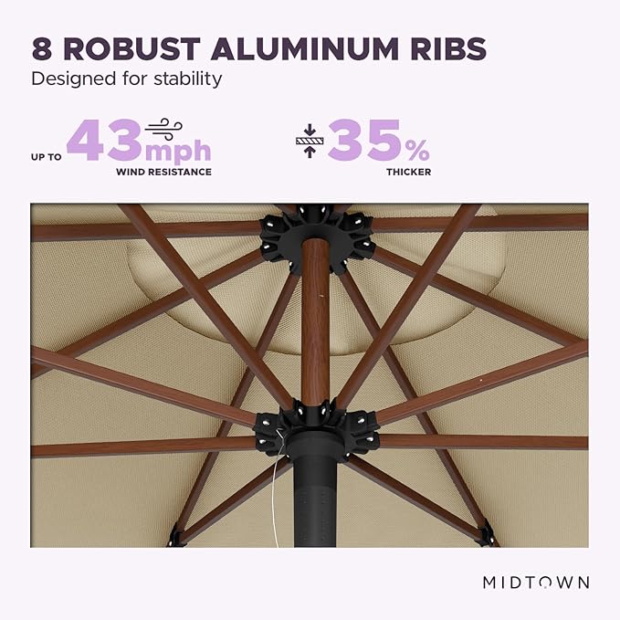 Midtown Umbrellas The Wooden 9 Feet Patio Umbrella With Terylast Chestnut (Beige) Polyester Fabric - Aluminum Frame Market Umbrella For Backyard, Deck, Garden, Pool - Wooden Pole