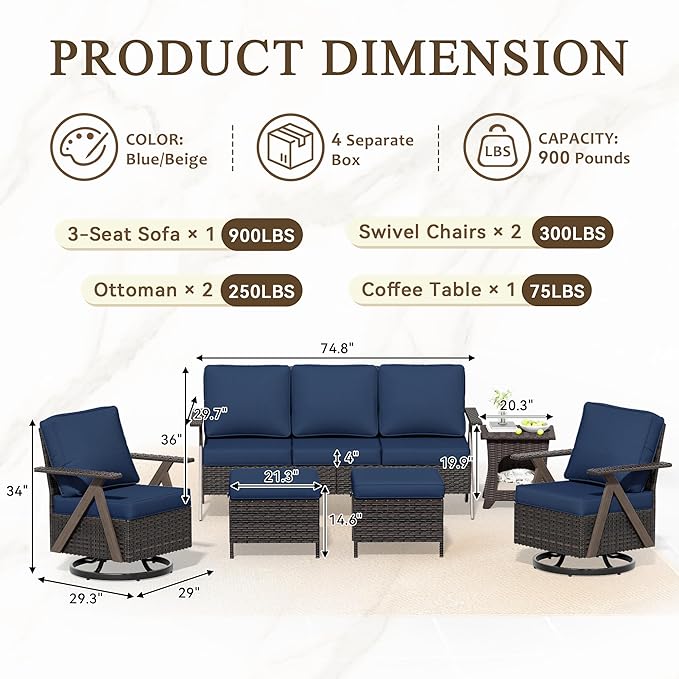 6 Piece Patio Furniture Set, Wicker Patio Conversation Set with Swivel Glider Chair and Outdoor 3-Seater Sofa and 2 Ottomans and Side Table for Deck Yard and Poolside