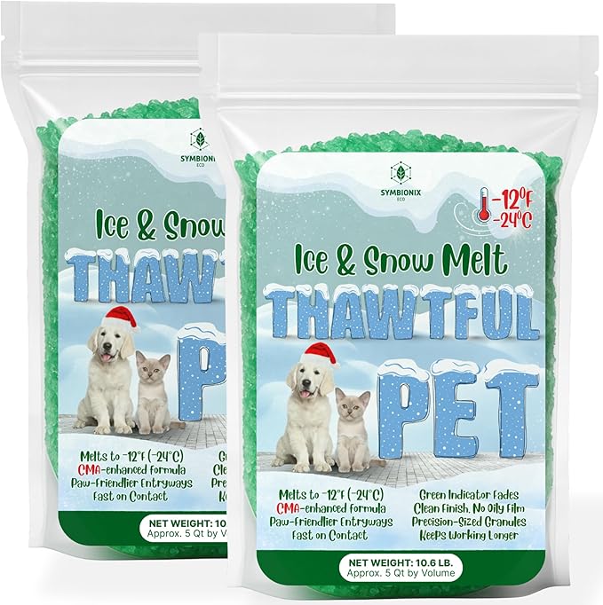 Thawtful Pet Safe Ice Melt – Pet Friendly Ice Melt, Snow Melt – Green Granules with CMA, Melts to −12°F (−24°C) - Driveway Salt & Sidewalk Salt for Ice (10 qt. - 21.3 lb.)