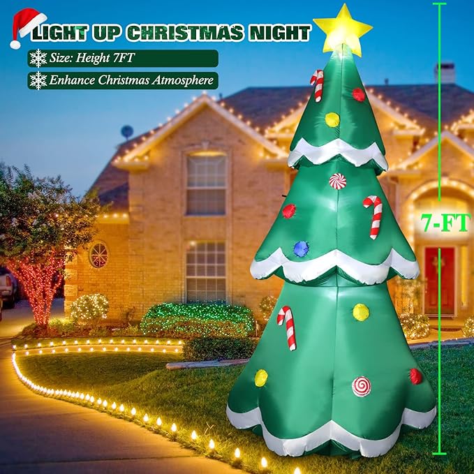 7 FT Tall Christmas Inflatables Tree Decorations Outdoor, Blow up Christmas Tree Yard Decor with LED Lights Star Treetop & Colorful Candy for Xmas Holiday Party Indoor Garden Patio Display Hall Lawn