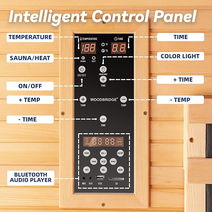 Woodbridge Infrared Home Sauna Room 2 Person Hemlock Wooden Indoor Sauna,7 Carbon 2230W/120V Heaters,with Led Color Therapy Light,Bluetooth Speaker,Tempered Glass,Touch-Tone Keypad and A Top Vent
