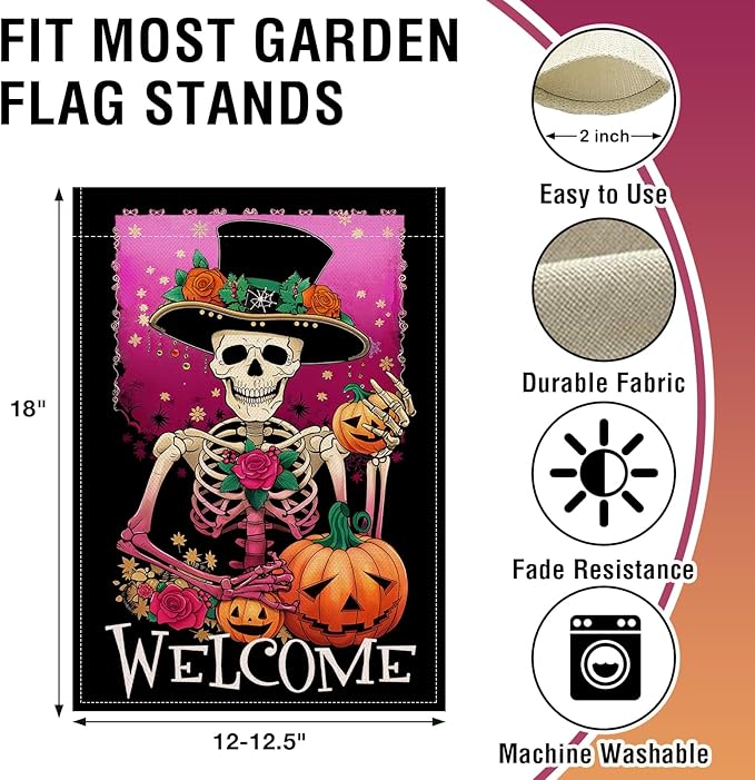 Artofy Welcome Halloween Gothic Skeleton Small Decorative Garden Flag, Pink Horror Skull Jack O Lantern Pumpkin Yard Lawn Outside Decor, Scary Flowers Burlap Outdoor Home Decoration Double Sided 12x18