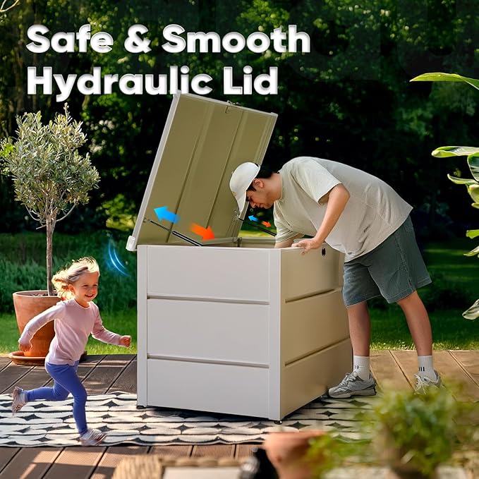 Quictent Deck Box outdoor 150 Gallon, Easy Assemble Metal Storage Box,Lockable Waterproof Weather-Resistant storage cabinet for Patio Furniture Cushions, Throw Pillows, Garden Tools and Pool Toy,White
