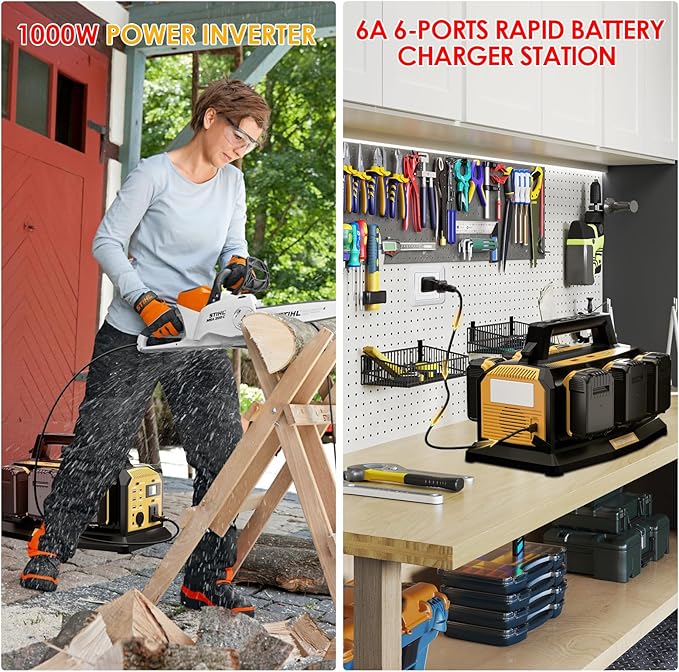 1000W Power Inverter for Dewalt 20V Battery,Compatible Battery Charger of 6 Ports Each 6A,20V to 110V Pure Sine Wave Inverter with 3 USB-A/Type-C/DC Port, Light,Cigarette Lighter Socket for Emergency