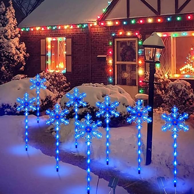 Solar Christmas Pathway Lights Outdoor Decorations, Solar Powered Snowflake Lights, Waterproof Xms Garden Stake Lights Outdoor Christmas Decorations for Patio Yard Porch Lawn, 4 Pack(Blue)