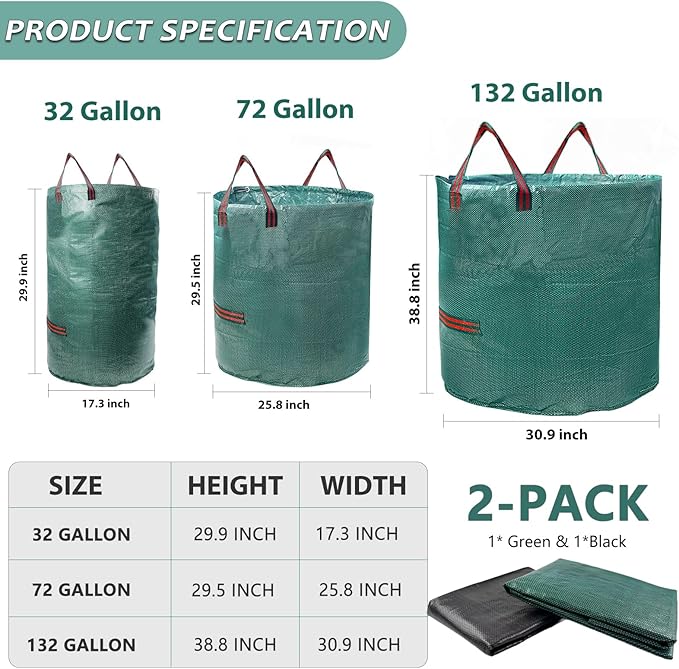 2 Pack 72 Gallon Lawn and Leaf Bags (Green + Black), Heavy Duty Reusable Yard Waste Bags with Reinforced Handles, Collapsible Garden Bags for Leaves, Branches, Grass Waste