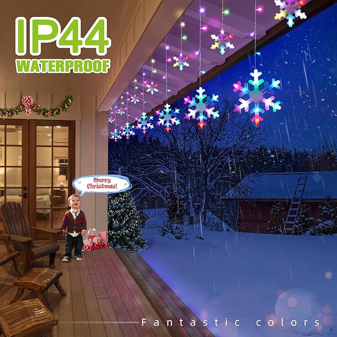 Christmas Snowflake Lights Outdoor, 16.73ft Outdoor Led Icicle Christmas Lights with 20 Drops, Waterproof Icicle String Light for Eaves, Window, Curtain Xmas Decorate