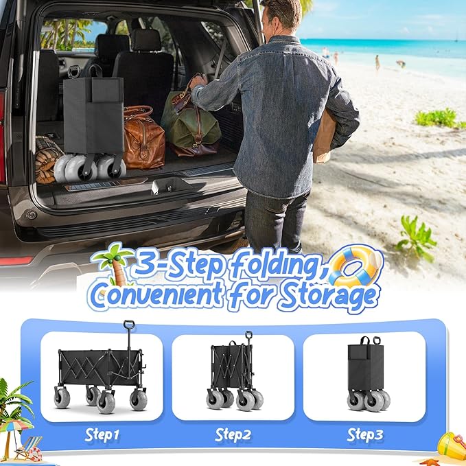 Beach Wagon with Big Wheels for Sand Heavy Duty Collapsible Wagon with 9" All Terrain Inflatable Tires, Foldable Beach Cart for Camping Outdoor Grocery Shopping Garden Sports