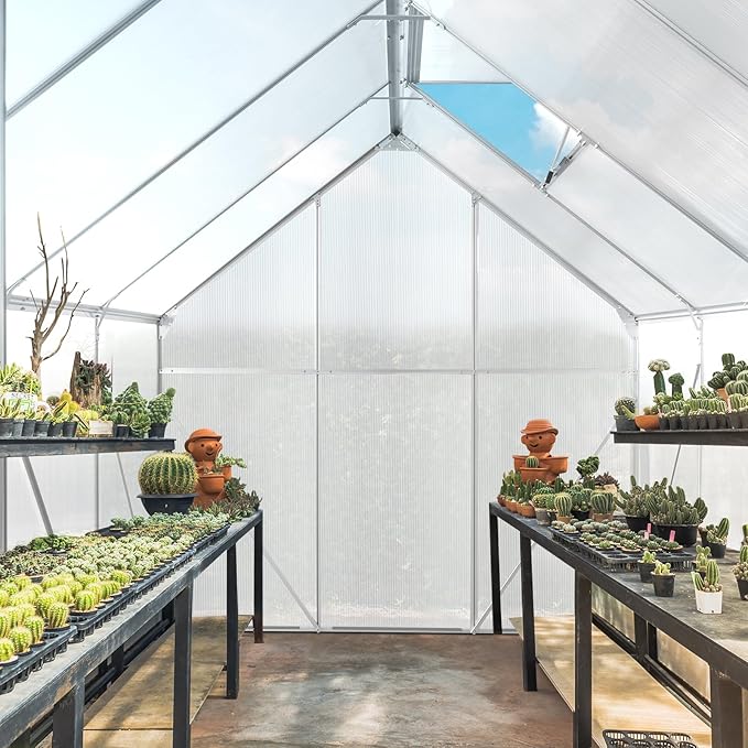 VINGLI 8x6 FT Greenhouse for Outdoors, Aluminum Large Polycarbonate Greenhouse with 5 Roof Vents for Outside Garden Backyard, Easy Setup, Silver