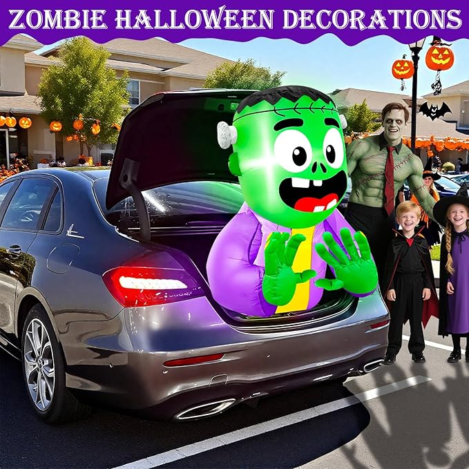 3.5 FT Halloween Inflatable Trunk Or Treat Car Decorations Kit Blow Up Green Zombie Frankenstein with Built-in LEDs, Halloween Car Trunk Or Treat Decorations for SUVs Sedans Yard Outdoor Party Decor