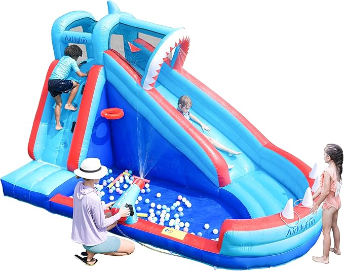 AirMyFun Bounce House, Sharks Theme Inflatable Bouncy House with Slide, Kids Bounce House Water Park with Slides Bouncer Castle with Splash Pool, Climbing Wall, Ball Shooting