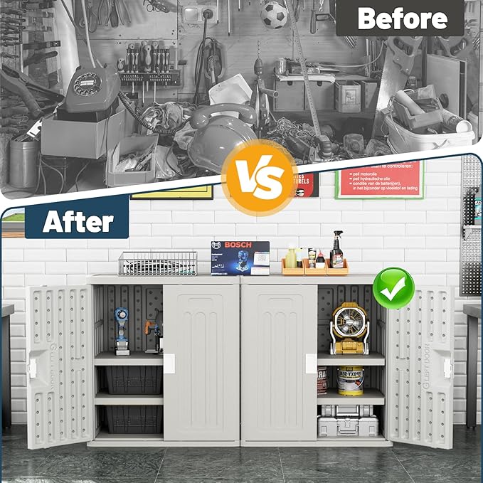 Amopatio Outdoor Storage Cabinet with 2 Shelves, Resin Storage Cabinet Waterproof Plastic Storage Shed - Outdoor Patio Tools, 19.7" D x 29.5" W x35.4 H, Gray
