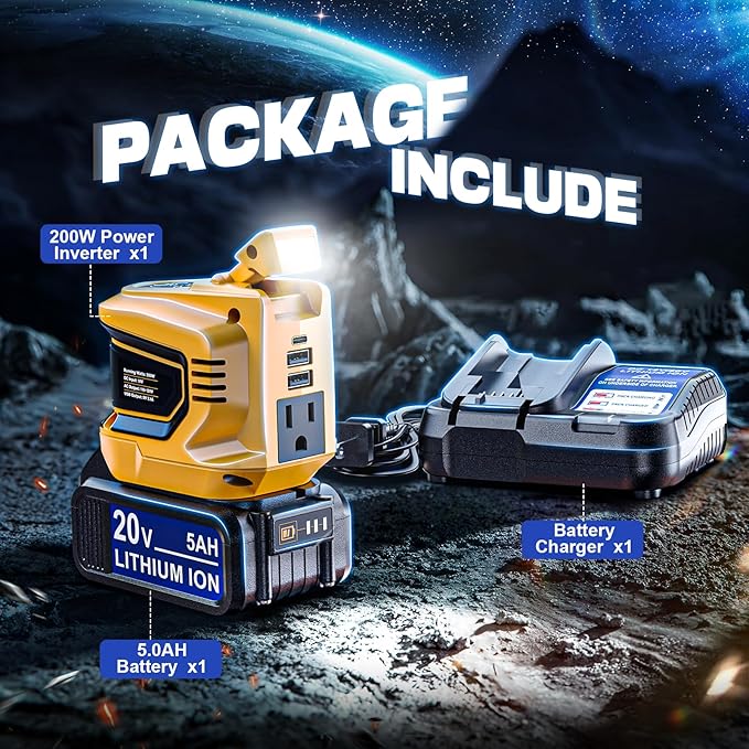 Real 200W Power Inverter Compatible with Dewalt 20V Max, Battery Inverter DC 20V to AC 110V-120V, LIVOWALNY Power Adapter with a 5AH Battery & a Charging Station & 2 USB-A & 1 Type-C & 1 AC Outlet