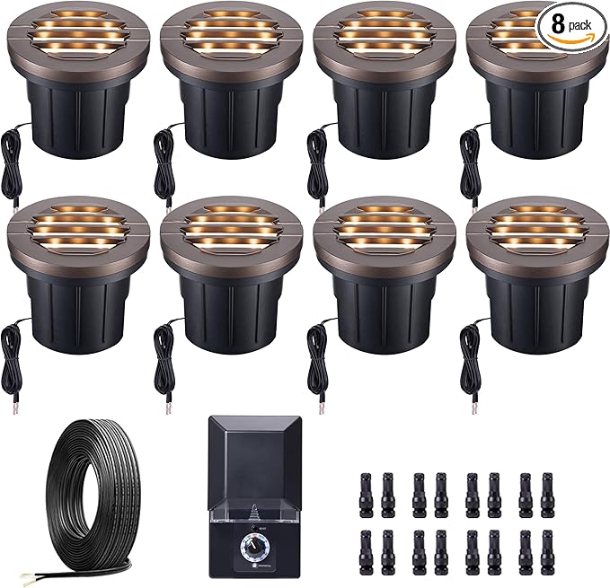 Landscape Well Light Kit, 8 Pack Low Voltage In Ground Lights and 100W Transformer and 100FT Cable and 30 Wire Connectors, IP67 Waterproof Outdoor, Grill Top Aluminum for Path Tree