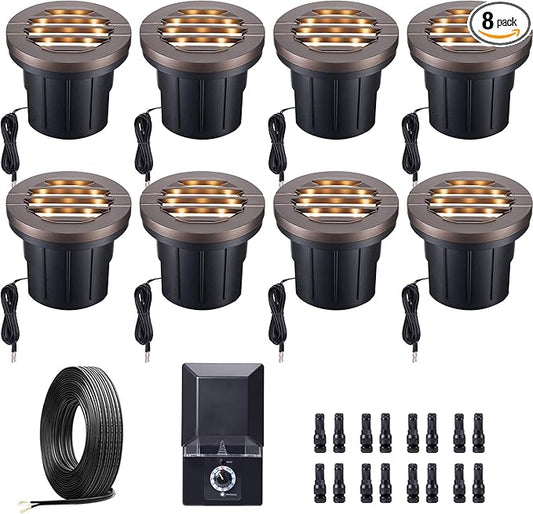 Landscape Well Light Kit, 8 Pack Low Voltage In Ground Lights and 100W Transformer and 100FT Cable and 30 Wire Connectors, IP67 Waterproof Outdoor, Grill Top Aluminum for Path Tree
