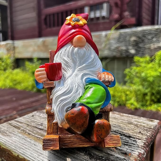 Drinking Coffee Faceless Garden Gnome Statue Decoration - 7.2"Figurine Ornament for Indoor Outdoor Home Patio Yard Lawn-Sunflower Gnome Statue-Best Garden Gifts for Mothers Day, Housewarming, Festival