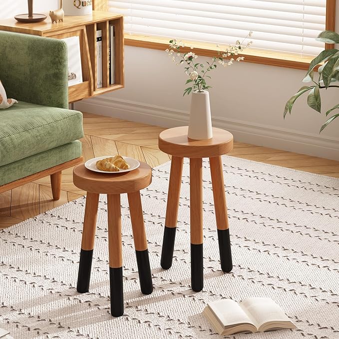 Rubber Wood 9" Round Plant Stand |Dip Dyed Black Accent Stool |Small Drinking Table |Side Table(18" H)