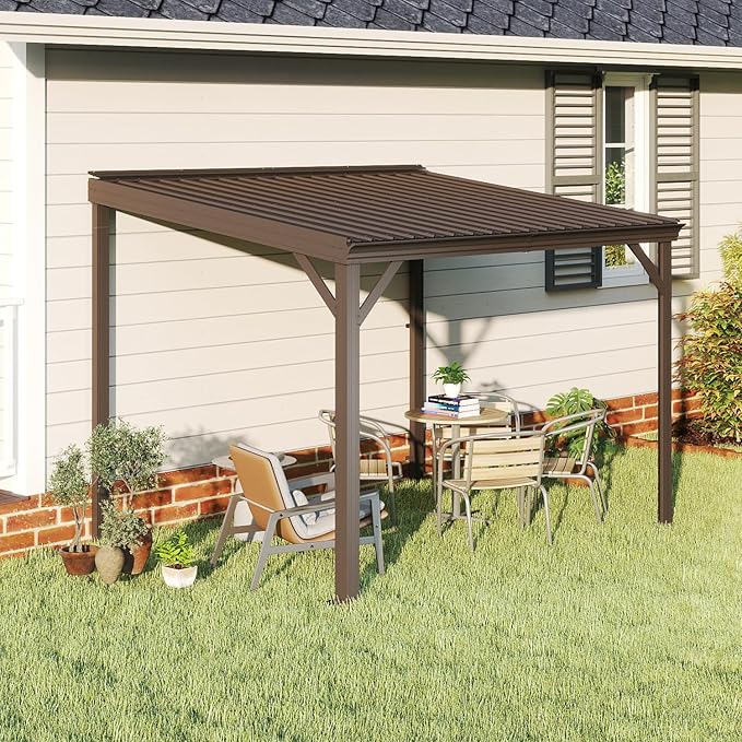 Domi 8’x10’ Wall-Mounted Hardtop Gazebo Pergola – Permanent Lean-to Outdoor Shelter with Sloped Galvanized Steel Roof & Upgraded Drainage – Grey Metal Patio Cover for Backyard, Deck, Garden,Brown