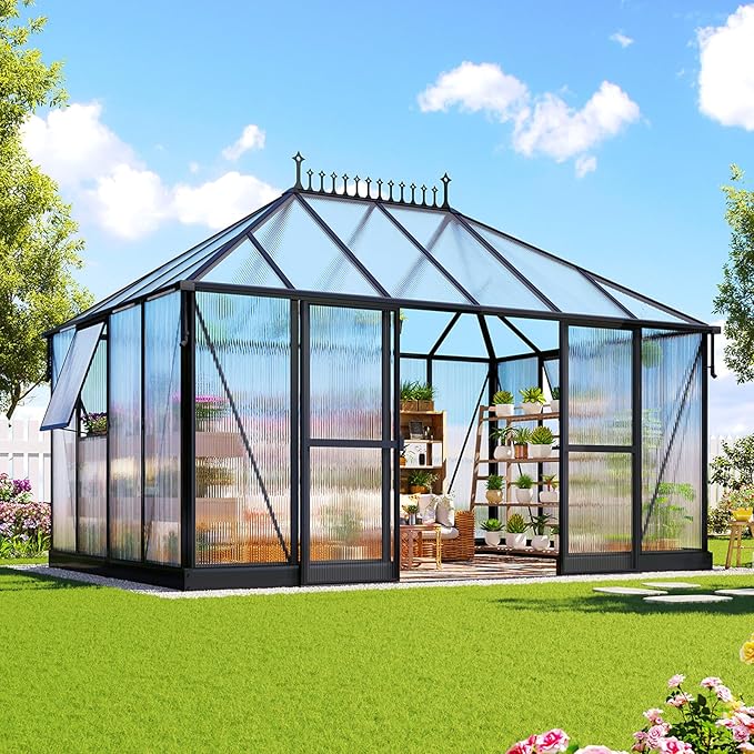 14x9.7x10 FT Polycarbonate Greenhouses for Outdoors, Large Winter Greenhouse Sunroom with 2 Adjustable Windows &Sliding Door, Walk-in Design with Aluminum Frame for Patio, Garden