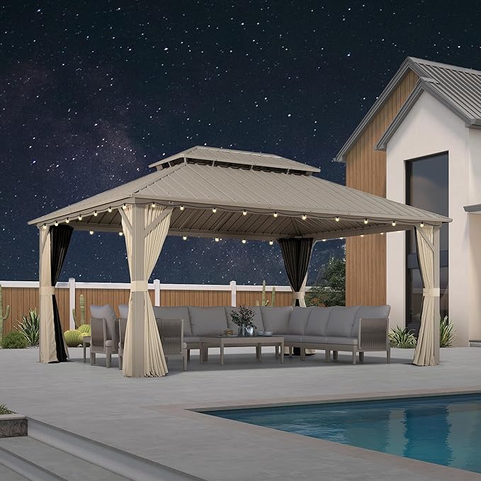 PURPLE LEAF 12' x 16' Outdoor Hardtop Gazebo, Champagne Aluminum Frame with Galvanized Steel Double Roof, Curtains and Netting for Patio Lawn and Garden