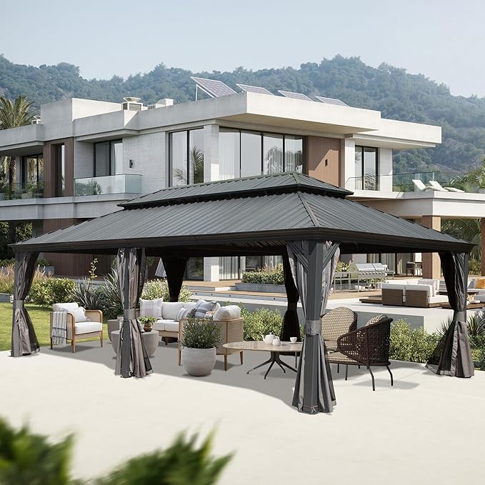Domi 14' X 24' Hardtop Gazebo Large Outdoor Metal Gazebo Canopy with Galvanized Steel Double Roof, Aluminum Frame, Curtains and Netting for Patio, Deck, Garden, Grey