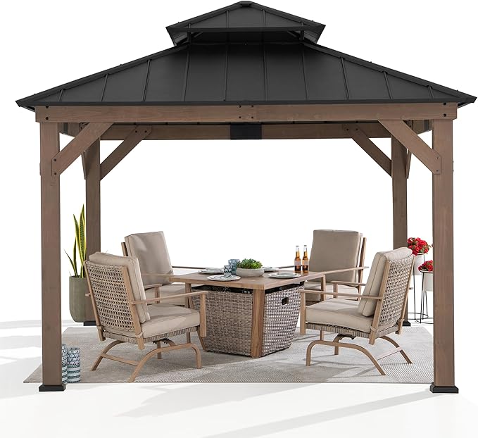 SUNJOY 11 x 11 ft. Wood Gazebo Standard Cedar Framed Gazebos with Black Double Steel Hardtop Roof for Garden, Backyard Shade, Dark Brown Roof + Dark Wood Frame