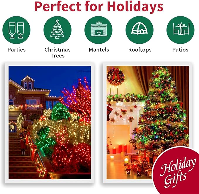 66ft Christmas Decorative Mini Lights, 200 LED Transparent Wire Fairy Starry String Lights Plug in, 16 Lighting Modes for Outdoor Xmas Tree Wedding Party Decoration (Red Green Warm)