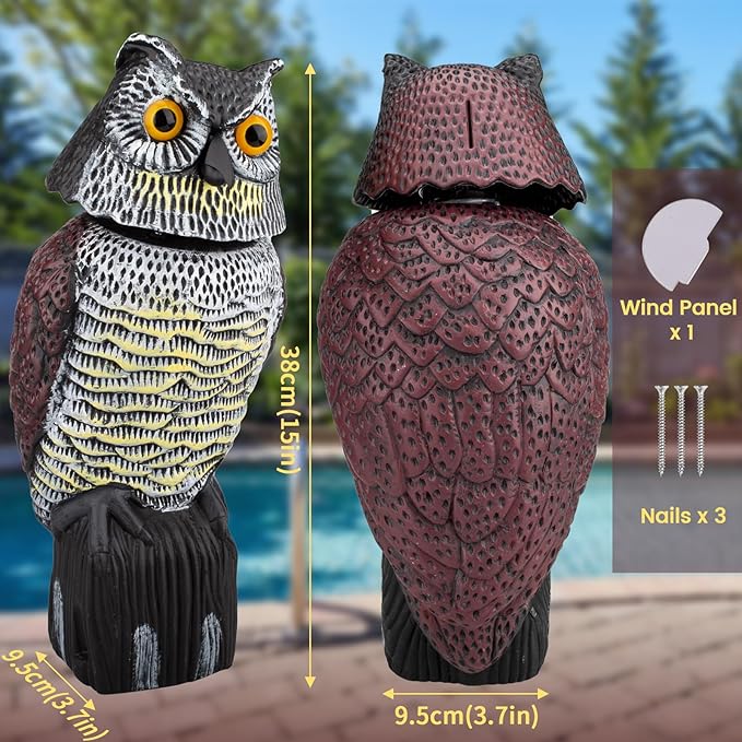 Fake Owl Decoys to Scare Birds Away, Waterproof 360° Rotating Head Hawks & Squirrel Deterrent, Patio Decoration Pest Control, Garden Owl Decoy for Outdoor Yard Patio Pools