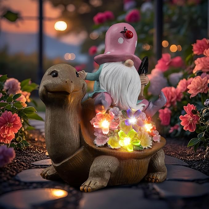 Solar Garden Outdoor Statue Turtle Gnome with Succulent and LED Light - Patio,Lawn,Garden,Tortoise Statue for Patio,Unique Housewarming Gifts