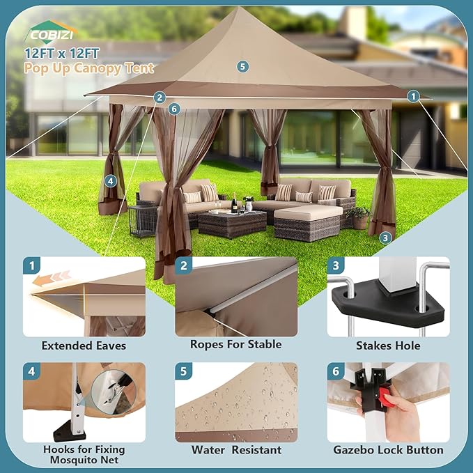 COBIZI 12x12 Pop Up Gazebo On Clearance Canopy Tent Easy Up Outdoor Gazebo Waterproof Upgrade with Mosquito Nettings and Carry Bag for Patio Garden Lawn