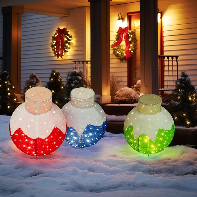 VEIKOU 36 Inch Pop-Up Set of 3 Large Christmas Ornaments, Outdoor Christmas Decorations with Base, Oversized Collapsible Balls Outdoor Indoor for Holiday Yard Garden Lawn