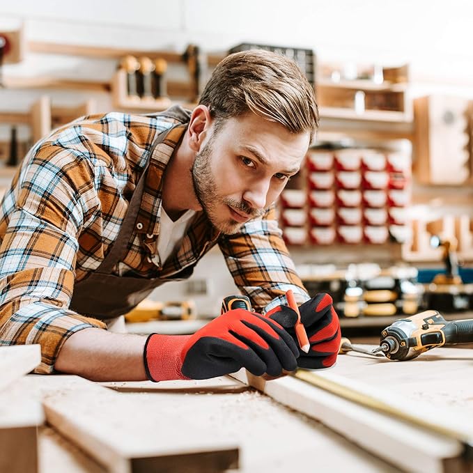 COOLJOB Gardening Gloves for Men, 2 Pairs Breathable Rubber Coated for Garden Weeding Landscaping, Outside Work for Lawn Yard, Men's Medium Size, Black & Red