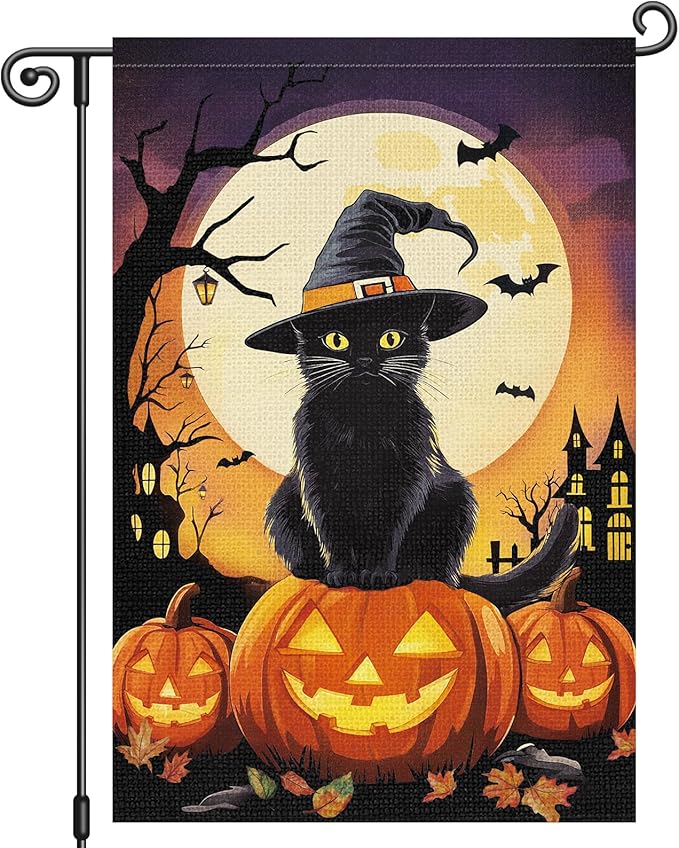 Louise Maelys Halloween Garden Flag Black Cat Witch Hat Pumpkin 12x18 Inch Double Sided Boo Moon Holiday Seasonal Fall Autumn Small Burlap Yard Sign Outside Outdoor House Decoration