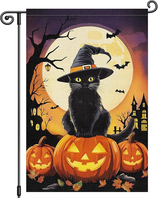 Louise Maelys Halloween Garden Flag Black Cat Witch Hat Pumpkin 12x18 Inch Double Sided Boo Moon Holiday Seasonal Fall Autumn Small Burlap Yard Sign Outside Outdoor House Decoration
