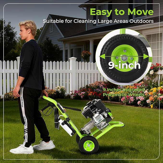 Professional 4200PSI 4GPM 212CC Gas Pressure Washer, 7.0 HP Commercial Gas Power Washer with 1L Foam Bottle 9" Wheels 5 Nozzles 25FT Hose for Home Car Fence Driveway (EPA/CARB/ETL Compliant), Green