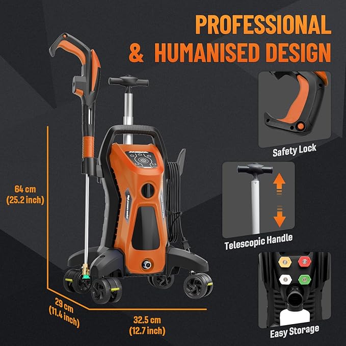 Pressure Washer 5000PSIIMAX Touch Screen Adjustable Pressure with Anti-Tipping Technolog, Spray Handle Smart Control, 5-Nozzle Set, for Cars//Home/Patios, Orange