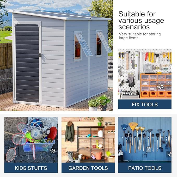 8x4 FT Resin Storage Sheds with Floor and Adjustable Openable Windows, Large Waterproof Garden Sheds with Base, Outside Plastic Sheds with 2 Windows for Backyard Garden Patio Lawn Tools Storage, Gray