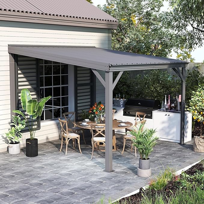 Domi 10’x10’ Wall-Mounted Hardtop Gazebo Pergola – Permanent Lean-to Outdoor Shelter with Sloped Galvanized Steel Roof & Upgraded Drainage – Grey Metal Patio Cover for Backyard, Deck, Garden