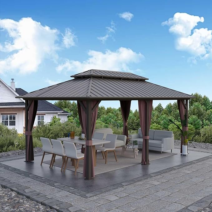 12'x20' Hardtop Gazebo, Outdoor Aluminum Frame Galvanized Steel Double Roof Pavilion with Netting and Shaded Curtains, Permanent Metal Pergolas for Patio, Backyard, Deck and Lawns.