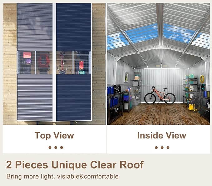 Metal Storage Shed 10x12 FT Reinforced Frame with Unique Clear Roof Skyview Windows Air Vents Door for Outside Garden Patio Lawn Backyard to Store Bikes,Lawnmower,Garage,Dark Grey Large