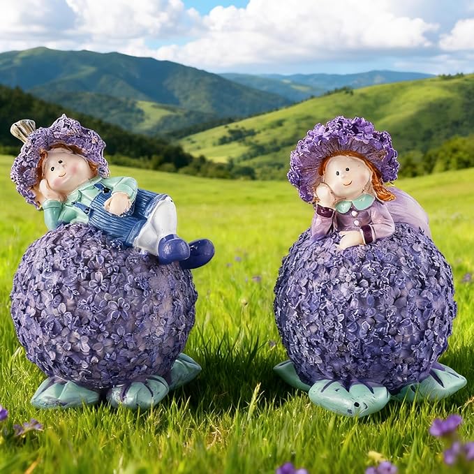 Lavender Outdoor Garden Resin Statues - Couple Boy & Girl Figurines, Ideal for Patio, Lawn, Garden & Courtyard Decor, Valentine's Day Home Ornament, for Parents & Friends