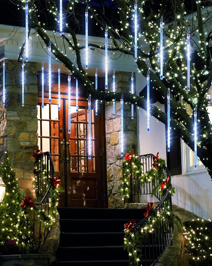 Blue 20 Tubes Meteor Shower Icicle Lights 480 LED Raindrop Lights with Timer Function Cascading Falling Rain Light for Holiday Party Christmas Decorations