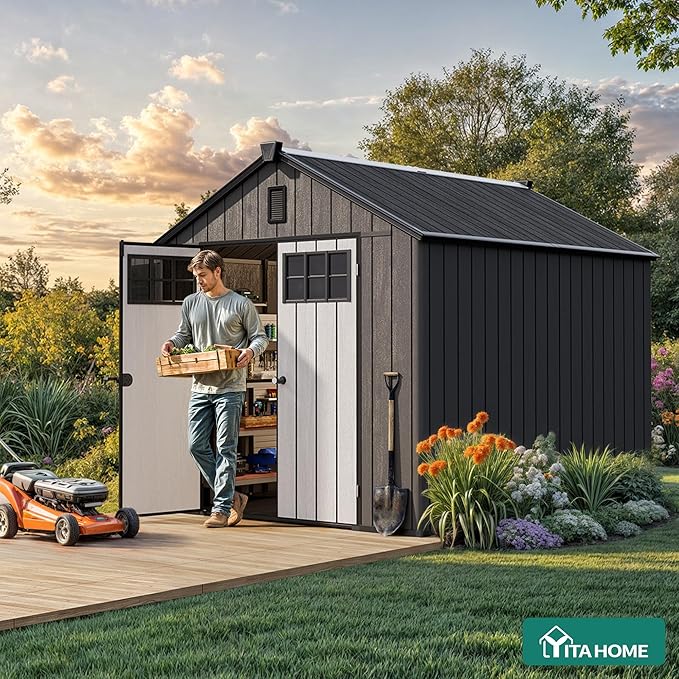 YITAHOME 8x10 FT Outdoor Storage Shed with Floor, Plastic Garden Shed for Bikes, Tools, and Pool Supplies, Outdoor Resin Shed with Lockable Doors, Windows, and Vents for Patio, Lawn, Backyard, Black