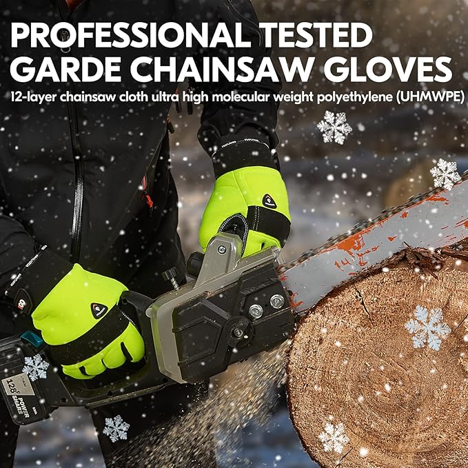 Vgo... 1Pair Chainsaw Winter Gloves,12-Layer Chainsaw Protection on Left Hands Back,Goat leather(L,Hi-Viz Green,GA8912FWCS)