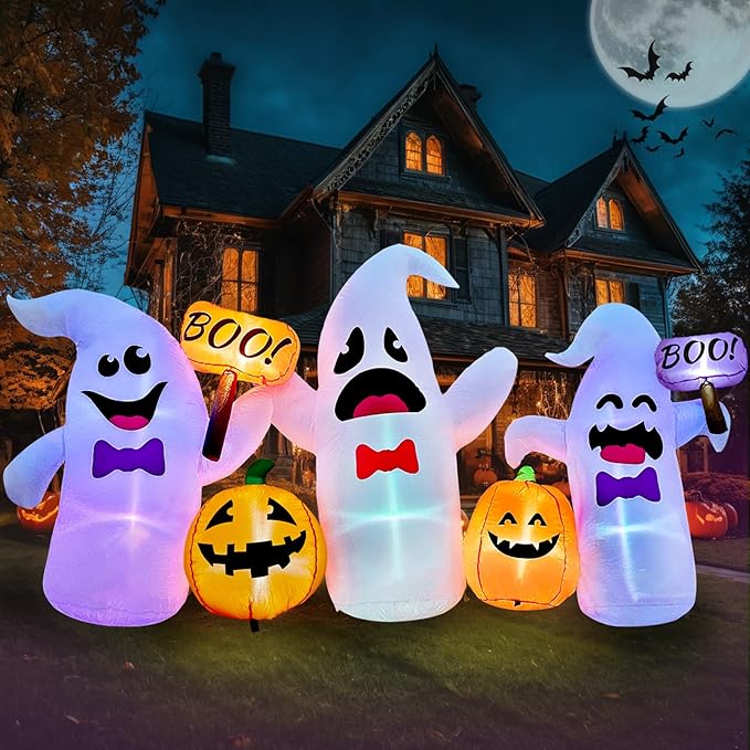 8FT Long Halloween Inflatable Ghosts and Pumpkins, 3 Blow Up Ghosts Inflatables with 2 Pumpkin Built-in LED Lights for Halloween Party Yard Garden Lawn Decorations