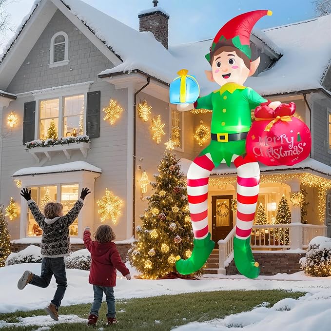 10FT Christmas Inflatable Outdoor Decoration, Sitting Elf Inflatable Christmas Blow up Yard Decorations with LED Lights, Elf Outdoor Decoration for Garden Lawn Roof