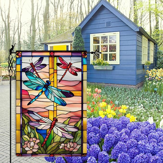 Spring Summer Dragonfly Garden Flag Stained Glass Style Flowers Garden Flag Vertical Double Sided Rustic Farmland Burlap Yard Lawn Outdoor Decor 12.5x18"