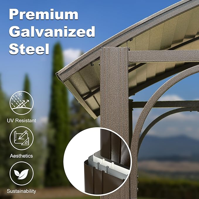 Domi 8x5FT Hardtop Grill Gazebo, Outdoor BBQ Gazebo with 2 Side Shelves and Bottle Opener, Outdoor Grill Canopy with Galvanized Steel Double Roof for Patio Lawn Backyard Deck, Brown